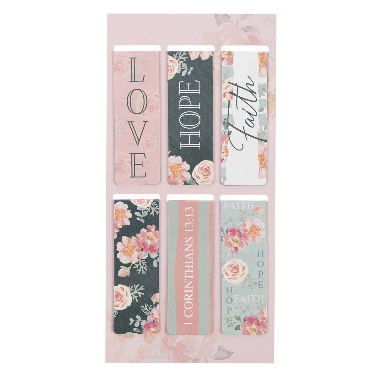 Christian Art Gifts - Magnetic Bookmark Set Vintage Floral Faith, Hope, Love