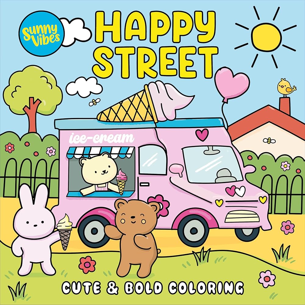 Happy Street Coloring Book – Bold, Uplifting Animal Scenes to Color – 20 Perforated Pages, Thick Art Paper with Built-In Page Shield – Relaxing Gift for Kids, Teens & Adults (Vibes) cover image