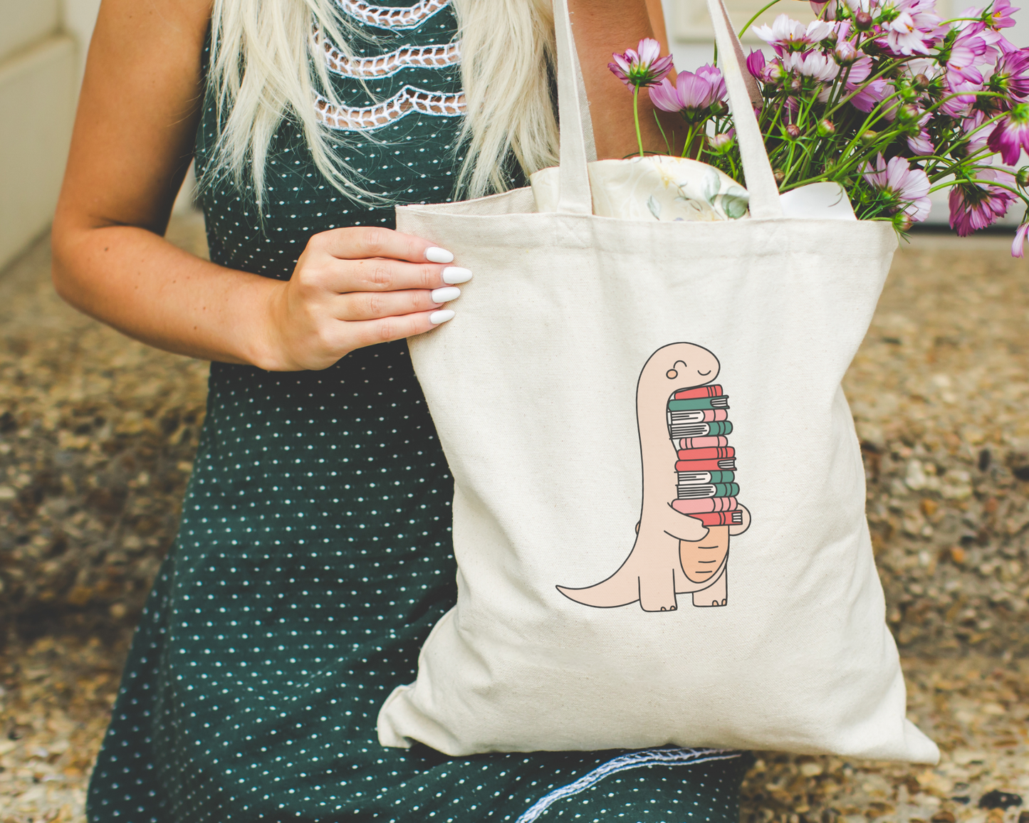 256 Craft Co - Bookish Dino Polyester Canvas Tote Bag