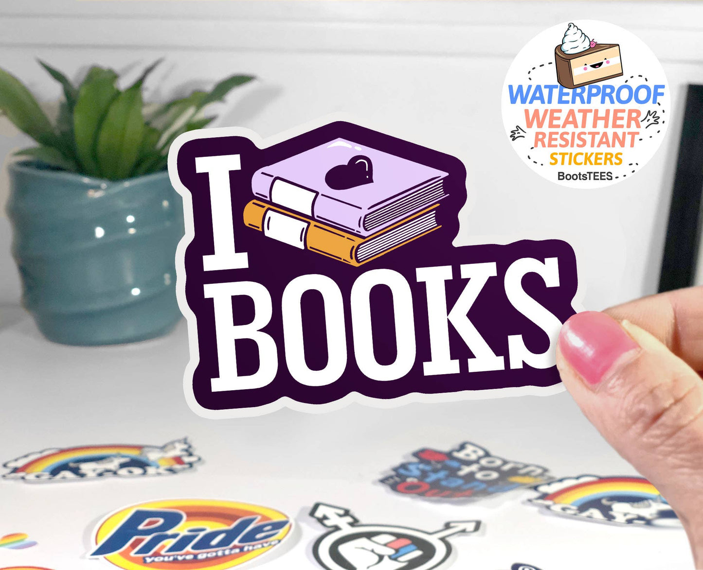 BootsTees - I Love Books Sticker, 3" Waterproof Reading Stickers