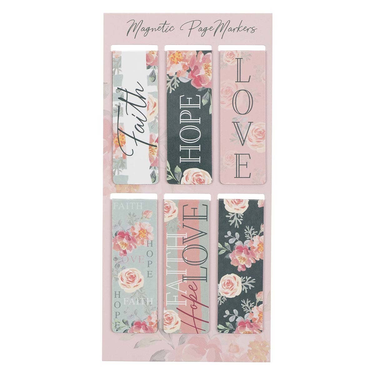 Christian Art Gifts - Magnetic Bookmark Set Vintage Floral Faith, Hope, Love