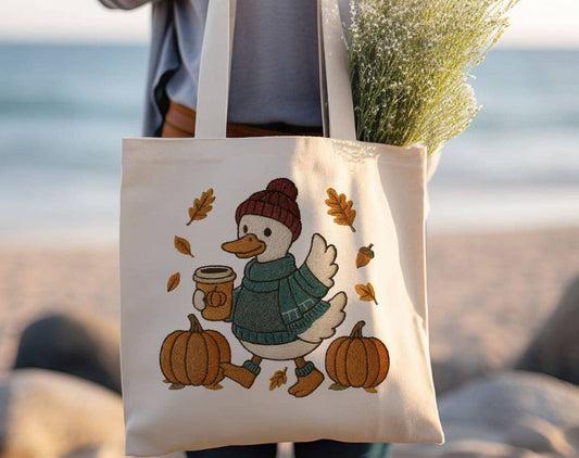 Sister Ray - Goose Coffee Pumpkin Fall Embroidered Looking Tote Bag