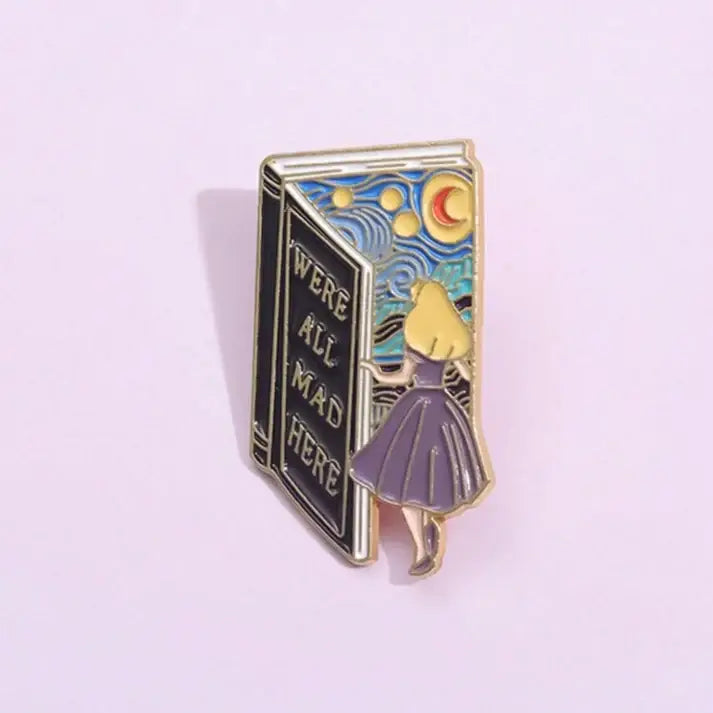 Whimsical Alice-Inspired “We’re All Mad Here” Book Pin