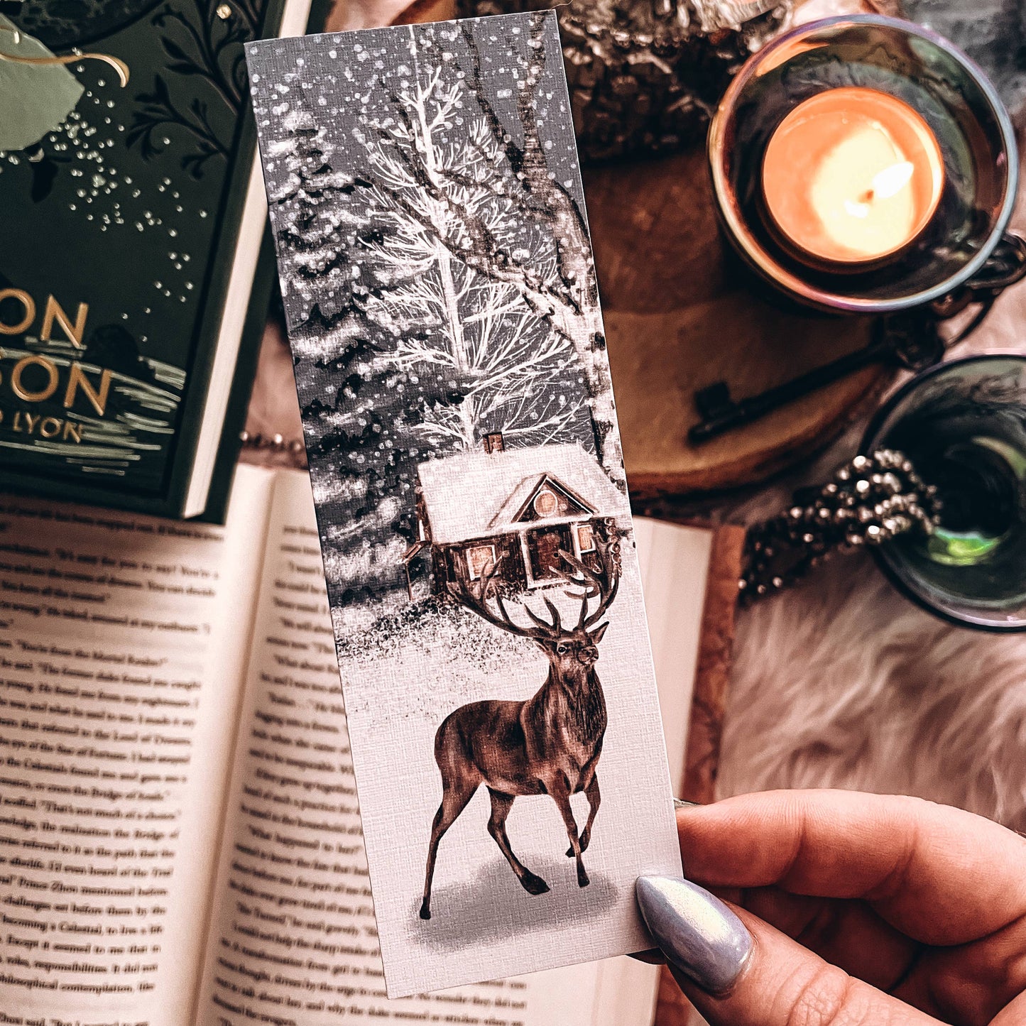 Mirkwood Scribes - Watercolor Winter Deer Christmas Cabin Bookmark