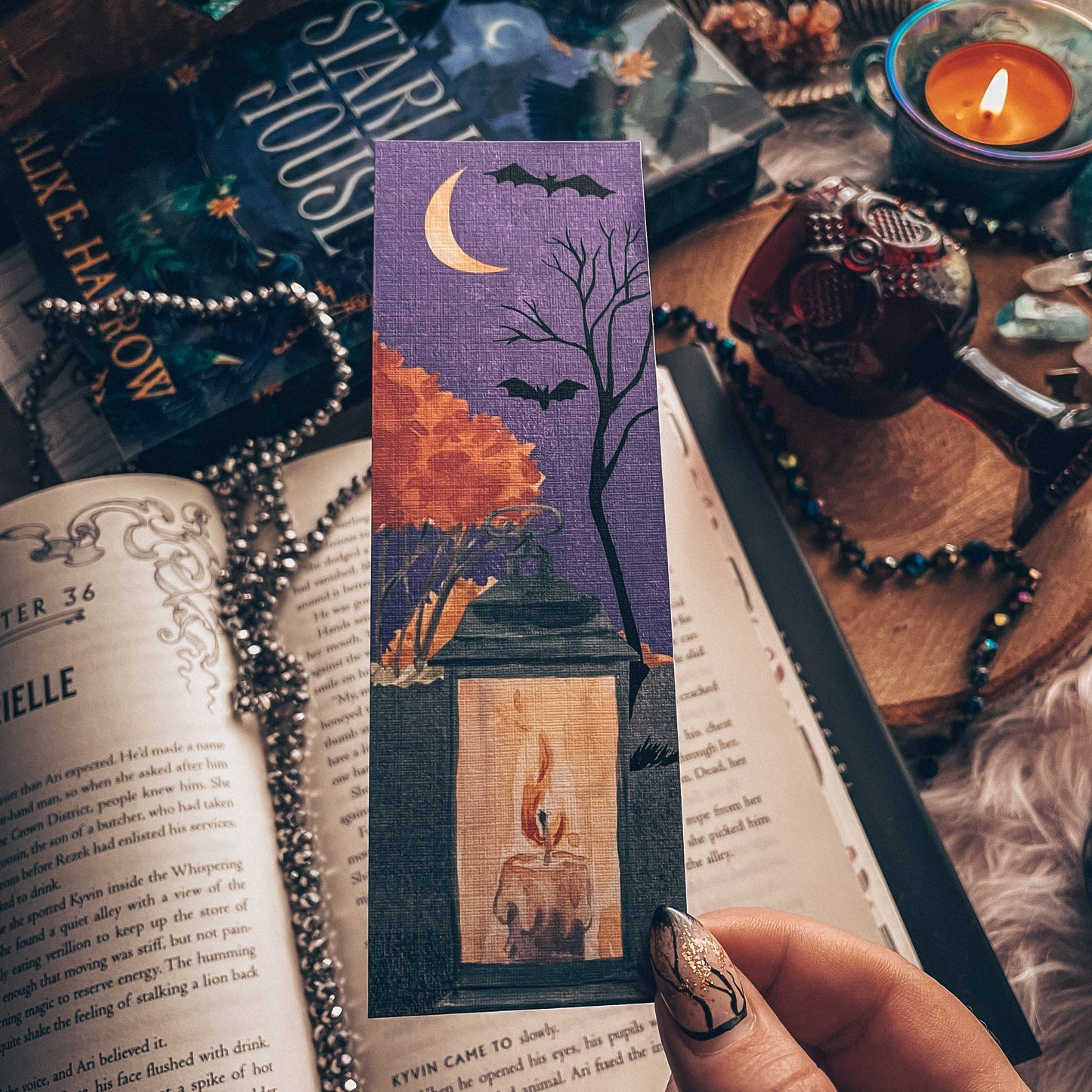 Mirkwood Scribes - Halloween Lanterns and Bats Watercolor Handmade Bookmark