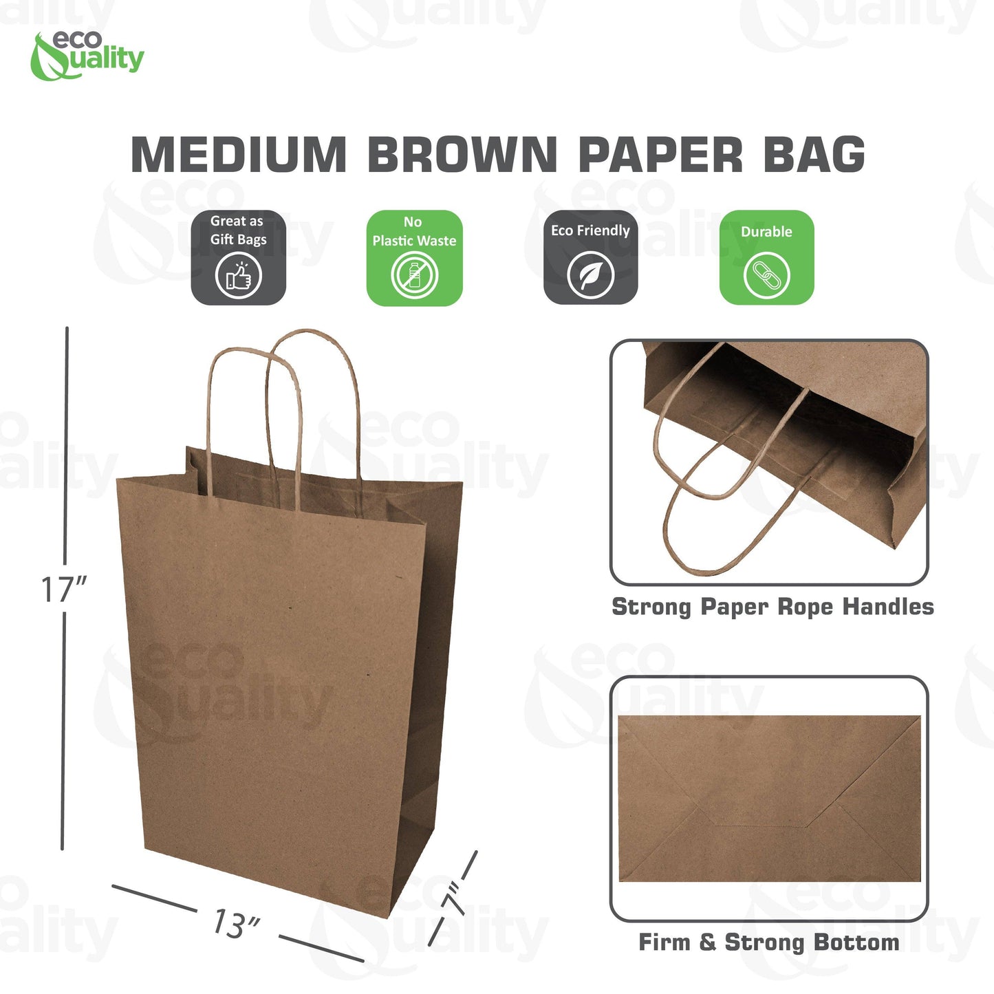 EcoQuality - 13"X7"X17" Large Kraft Paper Gift Bags w/Twine Handles Brown