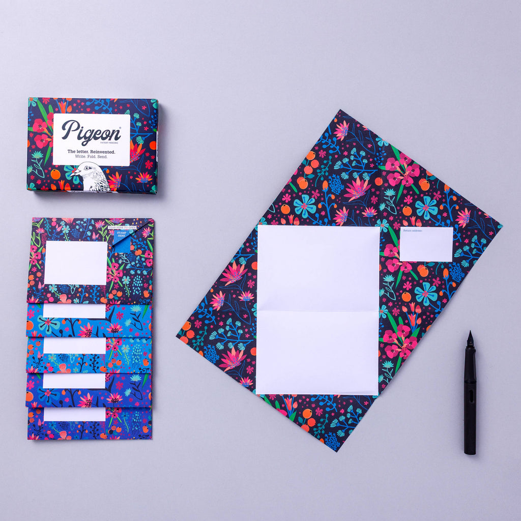 pigeonposted - Midnight Garden Pigeon, Floral Folding Letter Set, Pack of 6