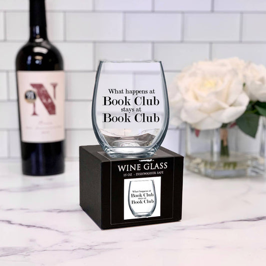 What happens at Book Club. 15oz Stemless Wine Glass