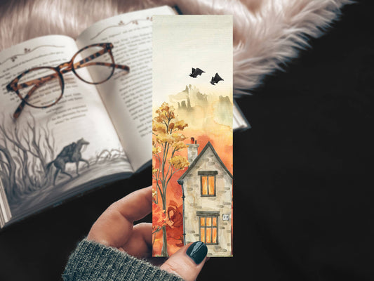 Mirkwood Scribes - Halloween Eve Bat Bookmark, Fall Watercolor Landscape