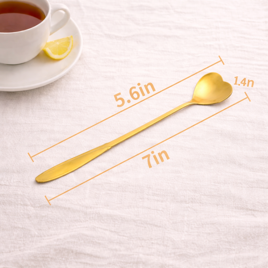 Magnifique Hearts - Gold Heart Teaspoons, Stainless Steel Tea and Coffee Spoons