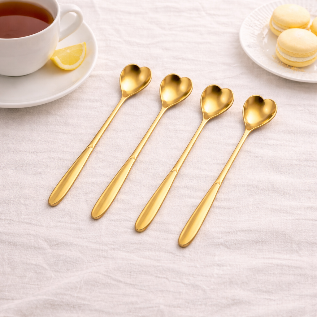 Magnifique Hearts - Gold Heart Teaspoons, Stainless Steel Tea and Coffee Spoons