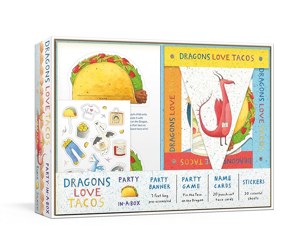 Dragons Love Tacos Party-in-a-Box: Includes Fold-Out Game, Banner, and 20 Sticker Sheets cover image