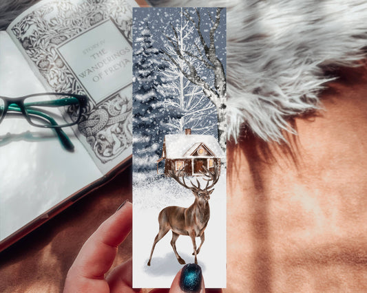 Mirkwood Scribes - Watercolor Winter Deer Christmas Cabin Bookmark