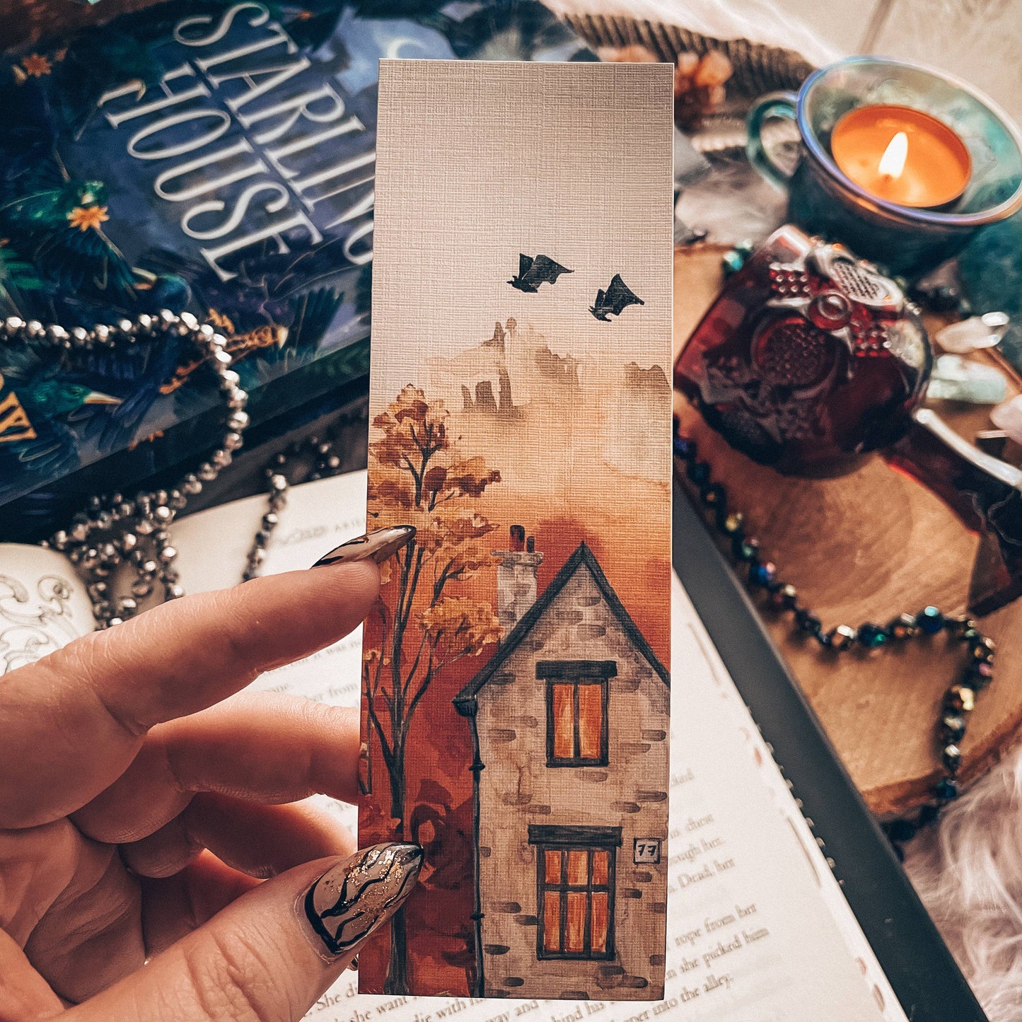 Mirkwood Scribes - Halloween Eve Bat Bookmark, Fall Watercolor Landscape