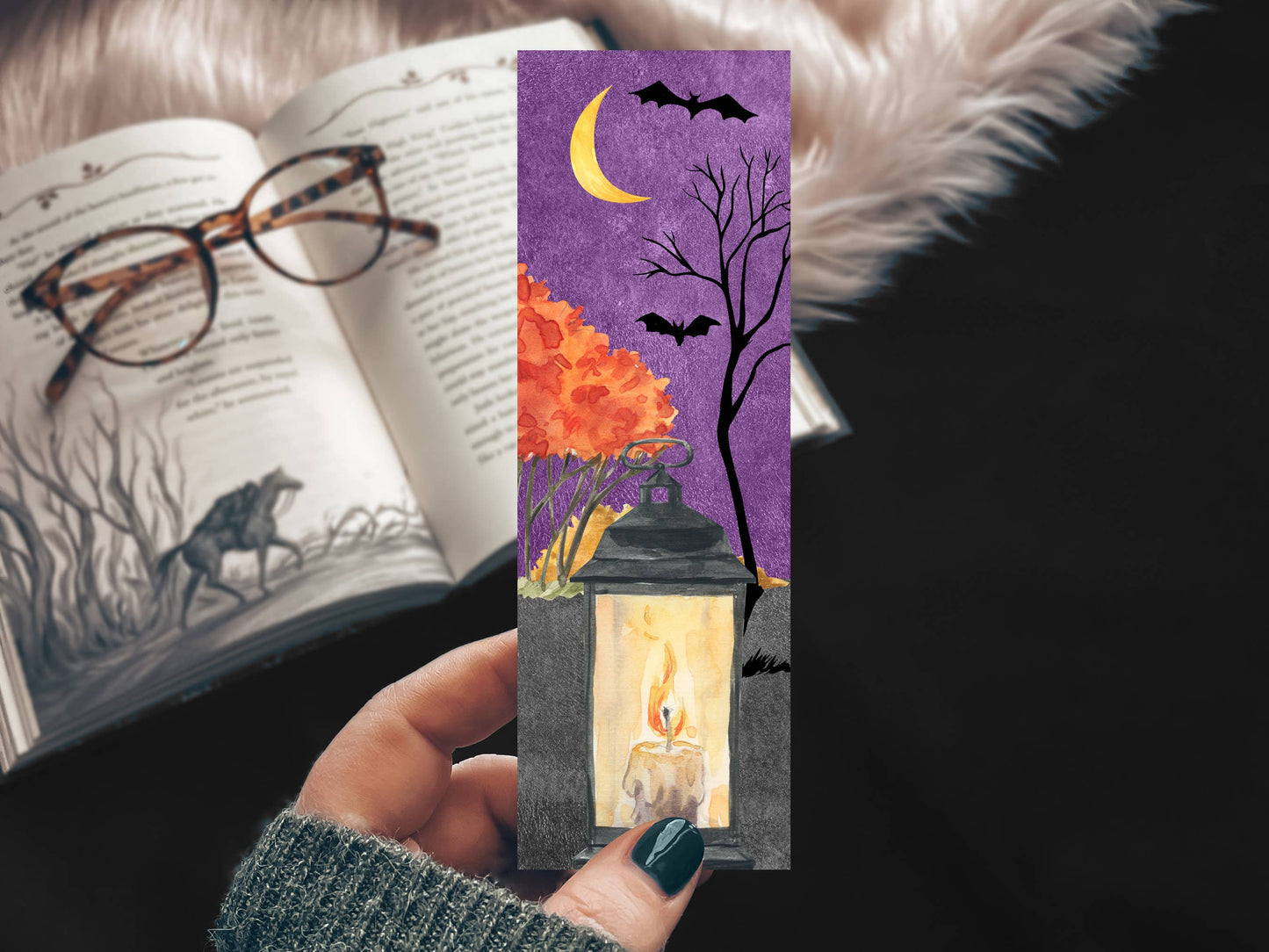 Mirkwood Scribes - Halloween Lanterns and Bats Watercolor Handmade Bookmark