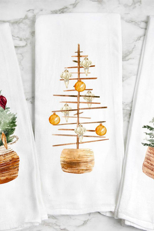 Peach Closet - Wood Christmas Tree With White & Gold Ornaments Tea Towel