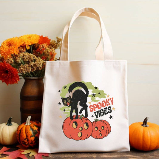 Sister Ray - Spooky Vibes Halloween Cat Pumpkin  Canvas Tote Bag