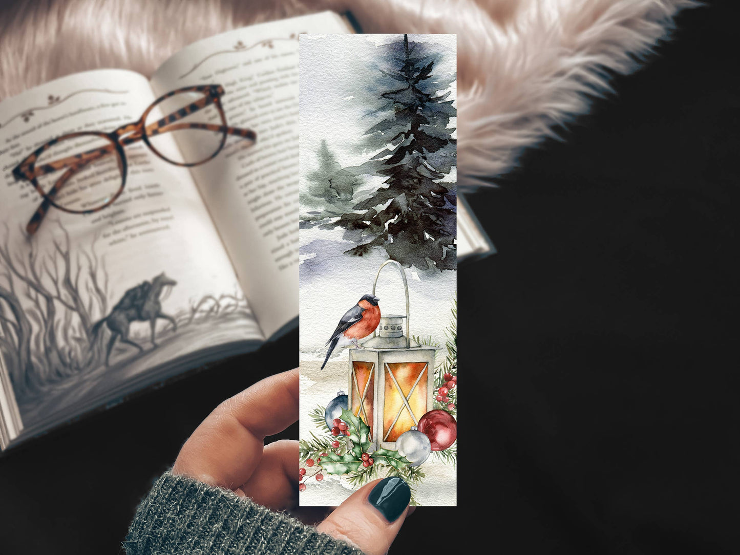 Mirkwood Scribes - Holiday Winter Lantern Cozy Watercolor Bookmark