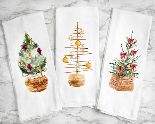 Peach Closet - Christmas Tree With Red Ribbons Tea Towel
