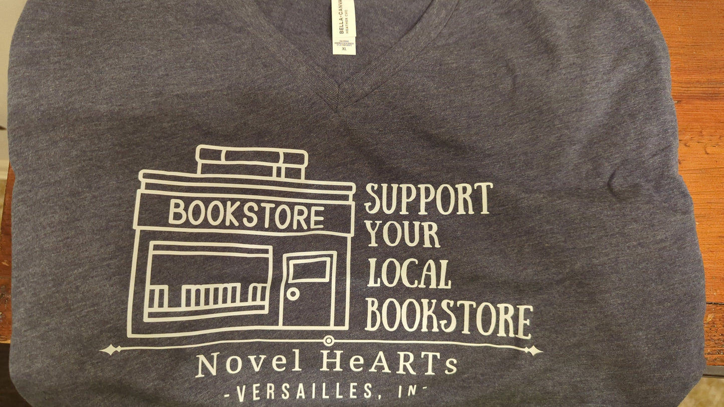 The Southern Songbird Boutique - Custom Support Your Local Bookstore with “Novel HeARTs” XL Heather Navy V-Neck